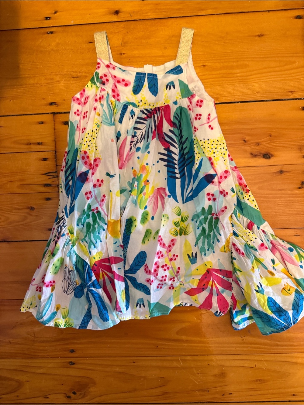 Catimini Tropical Print Sundress - White  Bright Multicolor Leaves gold straps 3